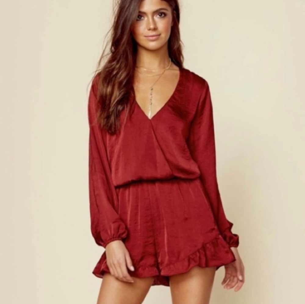 Show Me Your Mumu Burgundy Satin Rocky Long Sleeve Surplice Romper Size XS
